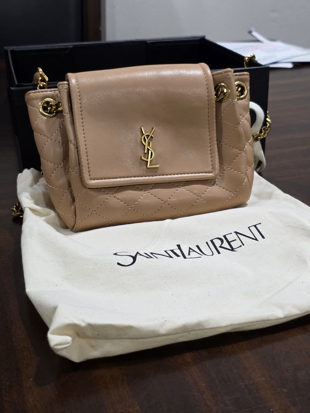 Saint Laurent Quilted Leather Crossbody Bag in Nude